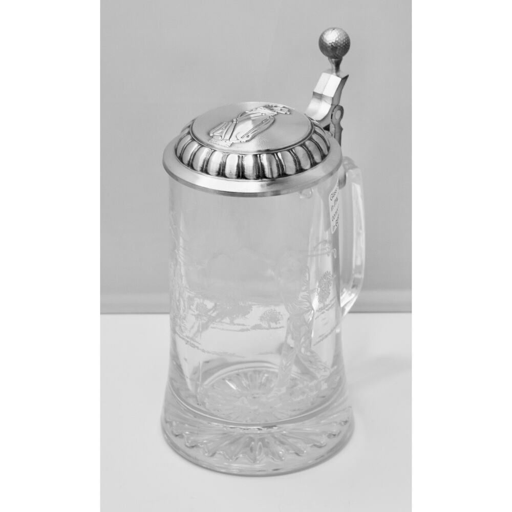 Lidded Etched Beer Stein, DOMEX Germany, Golf Clear Glass, Lidded, Barware NEW!!